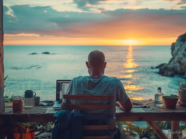 Mann sitzt an seinem Schreibtisch und schau auf den Sonnenuntergang über dem Meer